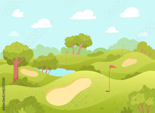 Golf course, waving landscape with green trees and meadow on grass hills, hole in ground