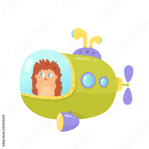 Baby hedgehog diving in submarine  cute green underwater ship with funny sailor animal
