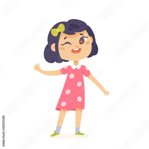 Cute girl winking, happy kid showing thumbs up gesture and funny expression wink
