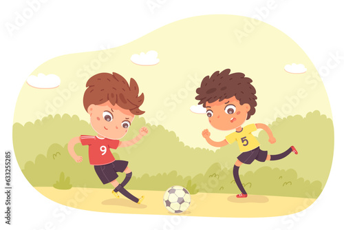 Kids play soccer outdoors vector illustration. Cartoon isolated playground or summer green field scene with cute active boys playing football sport game  sporty children kicking ball and running