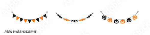 Cute Halloween Garland Bunting Set with Jack O Lantern, Pumpkins and Bats. Simple banner hanging party classy decor vector element.