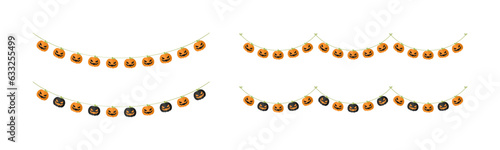 Cute Jack O Lantern Evil Pumpkin Garland Set for Halloween. Simple banner hanging party classy decor vector element.