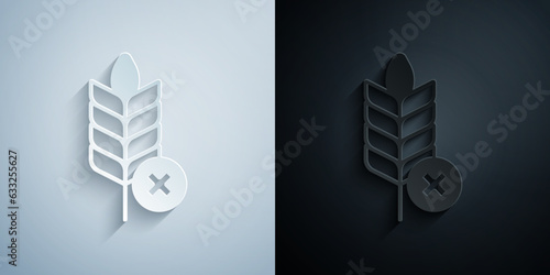 Paper cut Gluten free grain icon isolated on grey and black background. No wheat sign. Food intolerance symbols. Paper art style. Vector