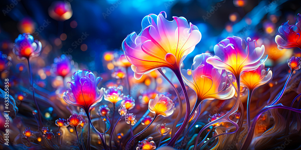 Glowing mushroom shaped abstract plants, dark background with orange and purple, soft focus