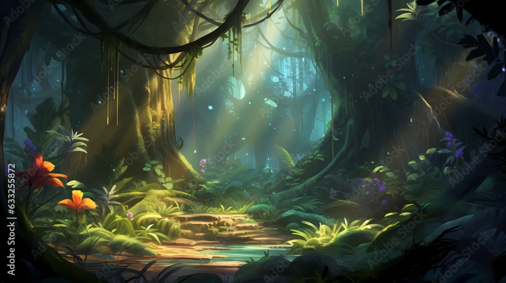 Fototapeta premium Fantasy Pathway Through A Dense Forest.Moonlight shines.Fantasy Backdrop Concept Art Realistic Illustration Video Game Background Digital Painting CG Artwork Scenery Artwork Serious Book Illustration.