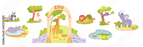 Cute animals in zoo set, funny scenes in park entrance, pool and tropical green lawns