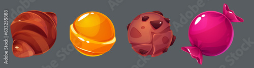 Cartoon set of sweet planets isolated on background. Vector illustration of sweet croissant, chocolate, wrapped caramel, lollipop, cookie ball cakes. Fantasy candyland desing elements. Party dessert