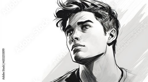 young man face close up, black and white marker render concept art with white background