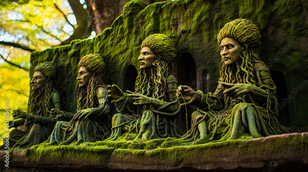 Four fantasy figures sitting and guarding over the secret pathway in a dense jungle environemnt