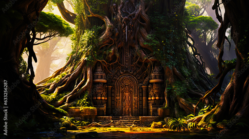 A massive tree with a secret door to another dimension, magic forest, sunlit, misty atmosphere A massive tree with a secret door to another dimension, magic forest, sunlit, misty atmosphere