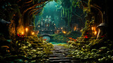 Pathway through a magic fairy village in the middle of the fantasy forest