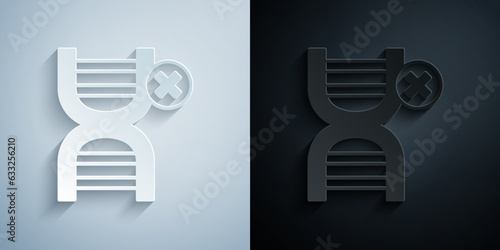 Paper cut No GMO icon isolated on grey and black background. Genetically modified organism acronym. Dna food modification. Paper art style. Vector