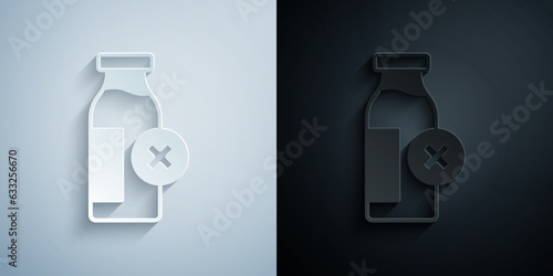 Paper cut Lactose intolerance icon isolated on grey and black background. Not allow milk. Allergy concept, lactose intolerance allergy warning sign. Paper art style. Vector