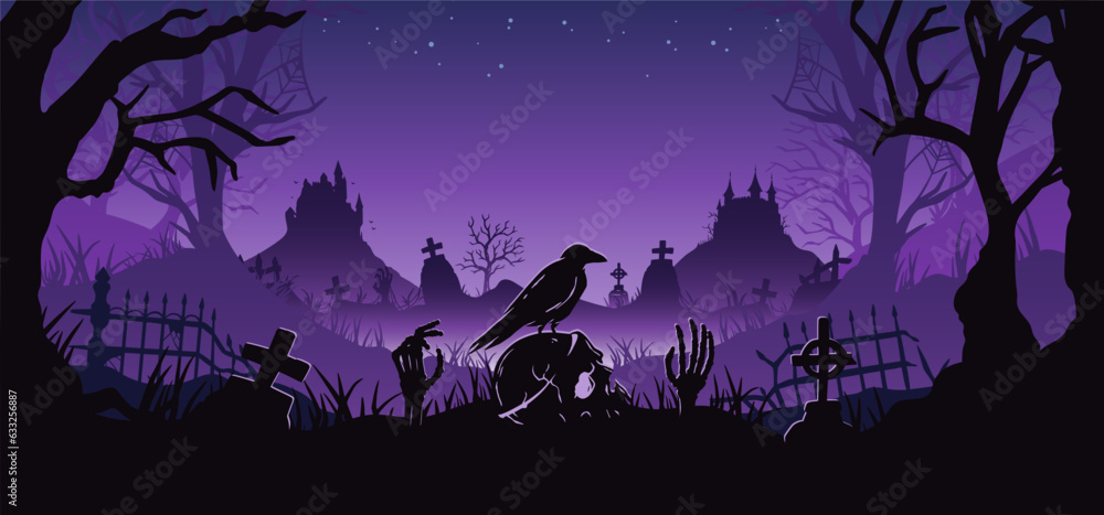 Halloween background with skull and skeleton hand, cemetery and castle for holiday poster. Creepy and mystical background with cross, grave, tombstone and zombie for dark fear october design