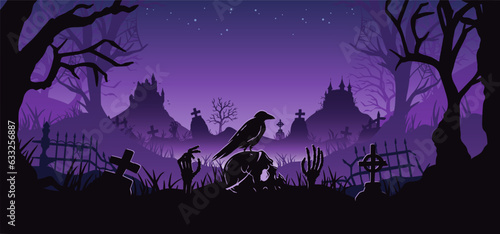 Halloween background with skull and skeleton hand, cemetery and castle for holiday poster. Creepy and mystical background with cross, grave, tombstone and zombie for dark fear october design
