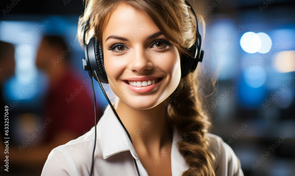 A Charming and Confident Young Woman with Headset: A Portrait of Business and Technology A Charming and Confident Young Woman with Headset: A Portrait of Business and Technology