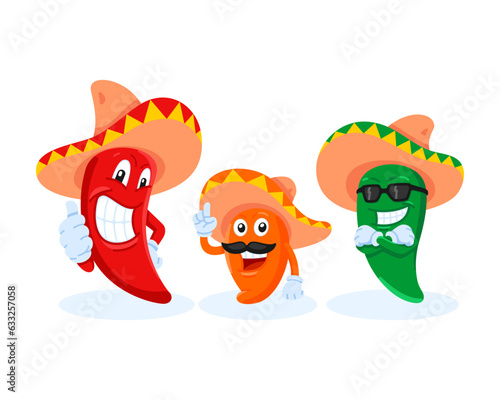 Vector mascot, cartoon, and illustration of a chilli wearing sombrero, mascot of a mexican chili cartoon, red,green,and yellow chilli papper