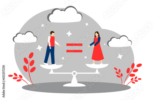 Gender equality. A man and a woman stand on the scales and there is an equal sign between them. Vector illustration isolated on white background.