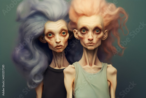 two gaunt older women characters with gray and pink colored hair illustration