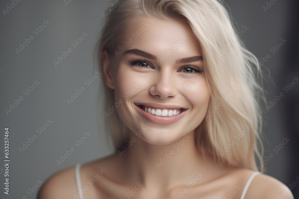 Portrait of a beautiful smiling blonde woman with white teeth. Gray studio background. generative AI Portrait of a beautiful smiling blonde woman with white teeth. Gray studio background. generative AI