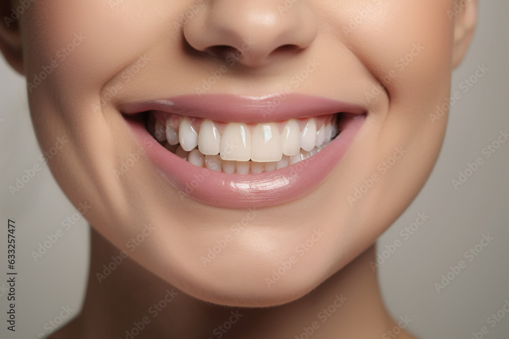 Portrait of a beautiful smiling blonde woman with white teeth. Gray studio background. generative AI Portrait of a beautiful smiling blonde woman with white teeth. Gray studio background. generative AI