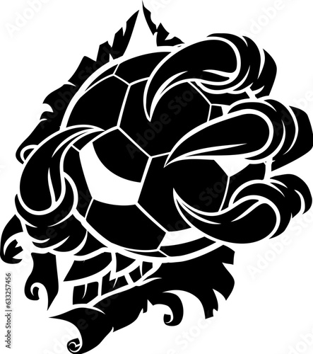 A claw with talons holding a soccer football ball. Could be a monster like a dragon or dinosaur or perhaps bird like an eagle or hawk. Ripping or tearing through the background.