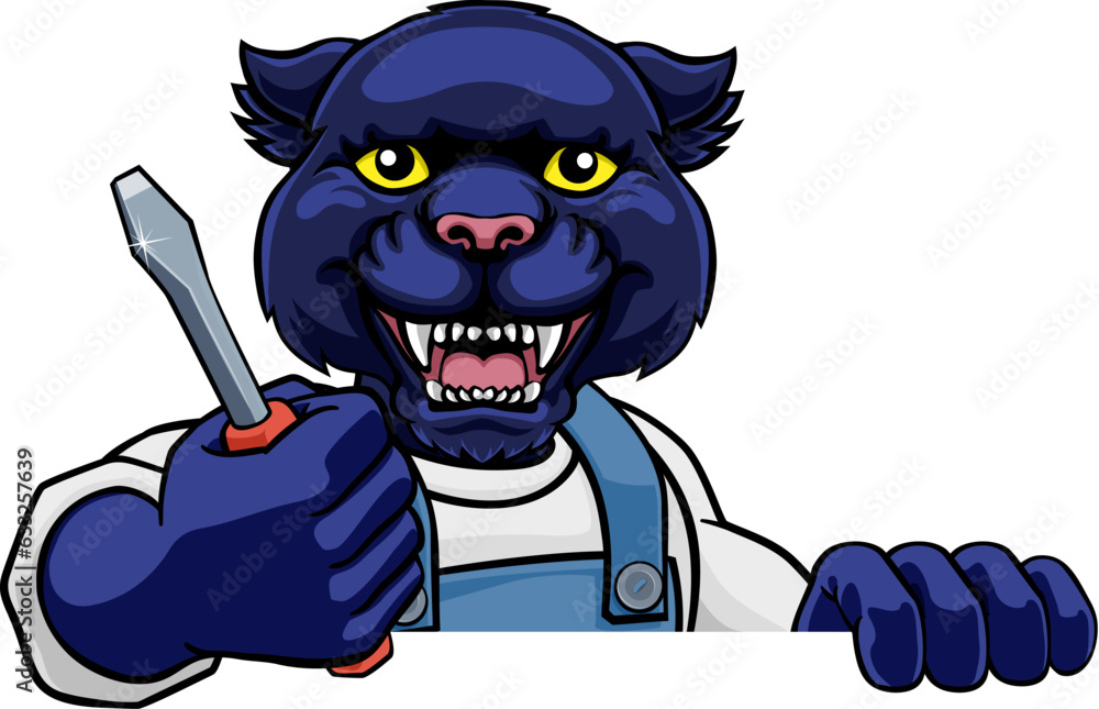 A panther electrician, handyman or mechanic holding a screwdriver and peeking round a sign A panther electrician, handyman or mechanic holding a screwdriver and peeking round a sign