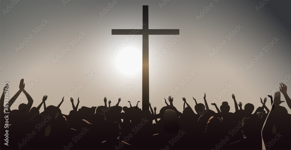 People raise their hands in front of the cross to pray. Many people worship God. - obrazy, fototapety, plakaty 