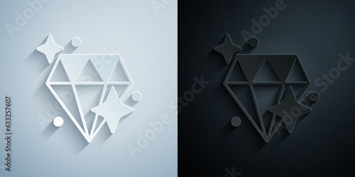 Paper cut Diamond icon isolated on grey and black background. Jewelry symbol. Gem stone. Paper art style. Vector
