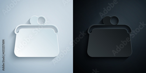 Paper cut Handbag icon isolated on grey and black background. Female handbag sign. Glamour casual baggage symbol. Paper art style. Vector