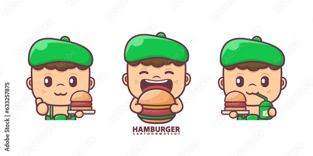 hamburger cartoon mascot. suitable for food brands, logos, stickers, icons.