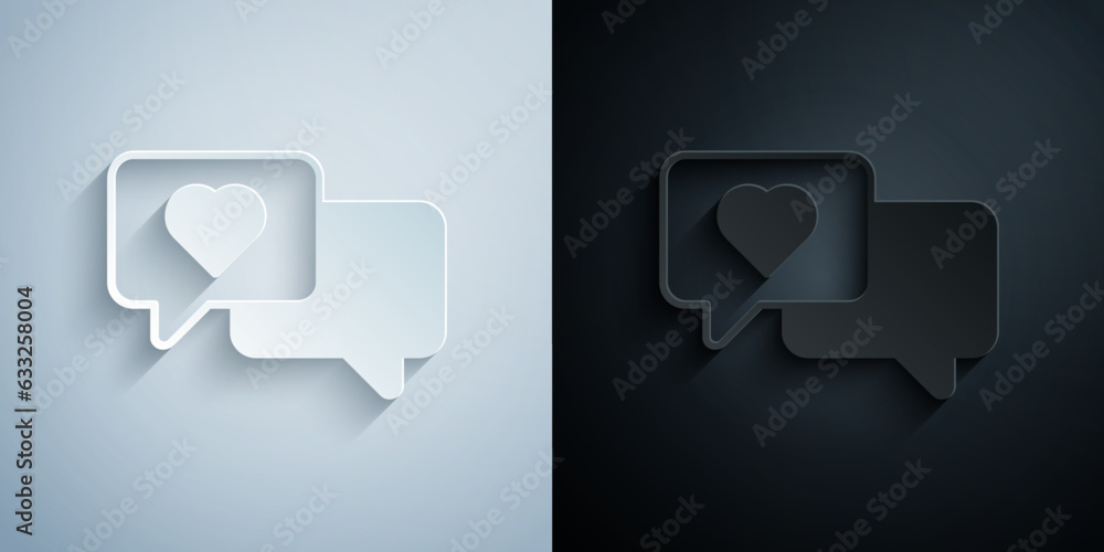 Naklejka premium Paper cut Heart in speech bubble icon isolated on grey and black background. Happy Valentines day. Paper art style. Vector