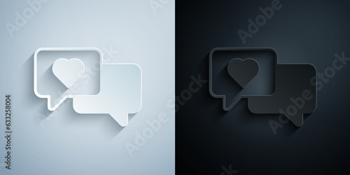 Paper cut Heart in speech bubble icon isolated on grey and black background. Happy Valentines day. Paper art style. Vector