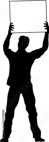Protestor or demonstrator at a demonstration march, picket line or strike protest rally in silhouette. Holding up a banner or picket sign board placard.
