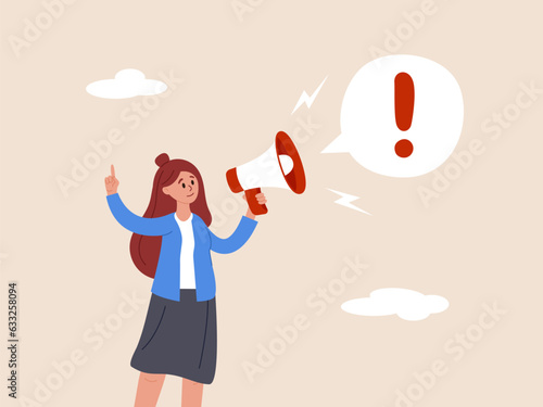 Important message concept. Attention announcement, communicate broadcasting, loudspeaker or exclamation point loud voice, confidence businesswoman talking on megaphone with exclamation attention.