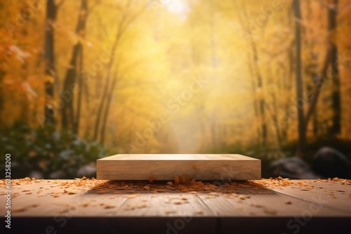 empty wooden tabletop podium in open garden forest, blurred background of autumn plants with space. organic product present natural placement pedestal display, autumn concept. Generative AI