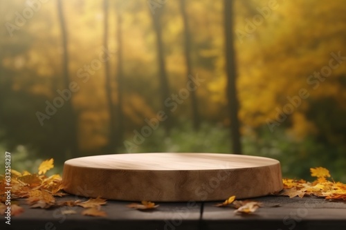 empty wooden tabletop podium in open garden forest  blurred background of autumn plants with space. organic product present natural placement pedestal display  autumn concept. Generative AI