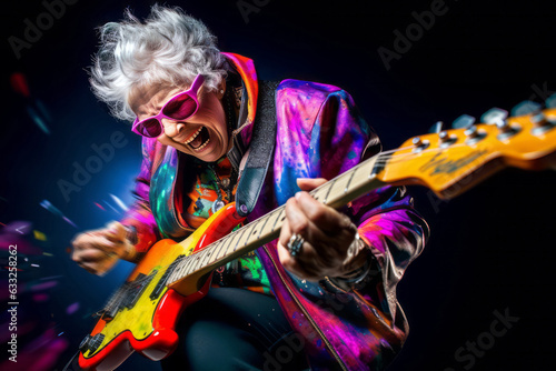 Fotografia Grandmother playing electric guitar and screaming a song on stage as a rock star