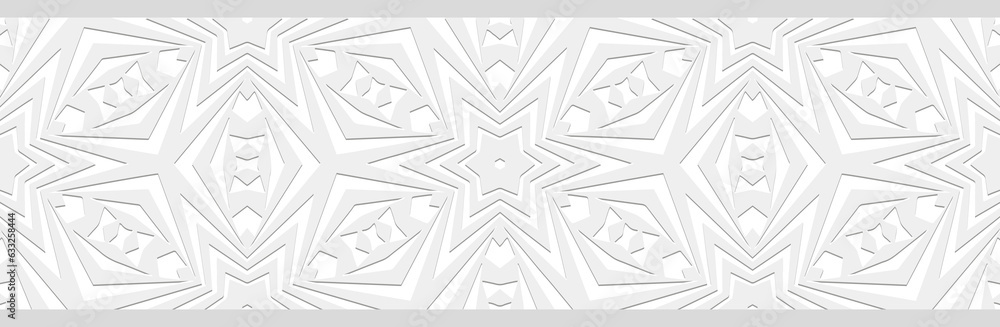 Banner, cover design. Embossed ethnic 3D boho pattern, handmade. Geometric white background, abstract ornaments. Tribal flavor, the best traditions of the East, Asia, India, Mexico, Aztec, Peru. Banner, cover design. Embossed ethnic 3D boho pattern, handmade. Geometric white background, abstract ornaments. Tribal flavor, the best traditions of the East, Asia, India, Mexico, Aztec, Peru.