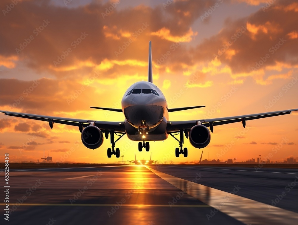 A large jetliner taking off or dawn from an airport runway at sunset generative ai A large jetliner taking off or dawn from an airport runway at sunset generative ai