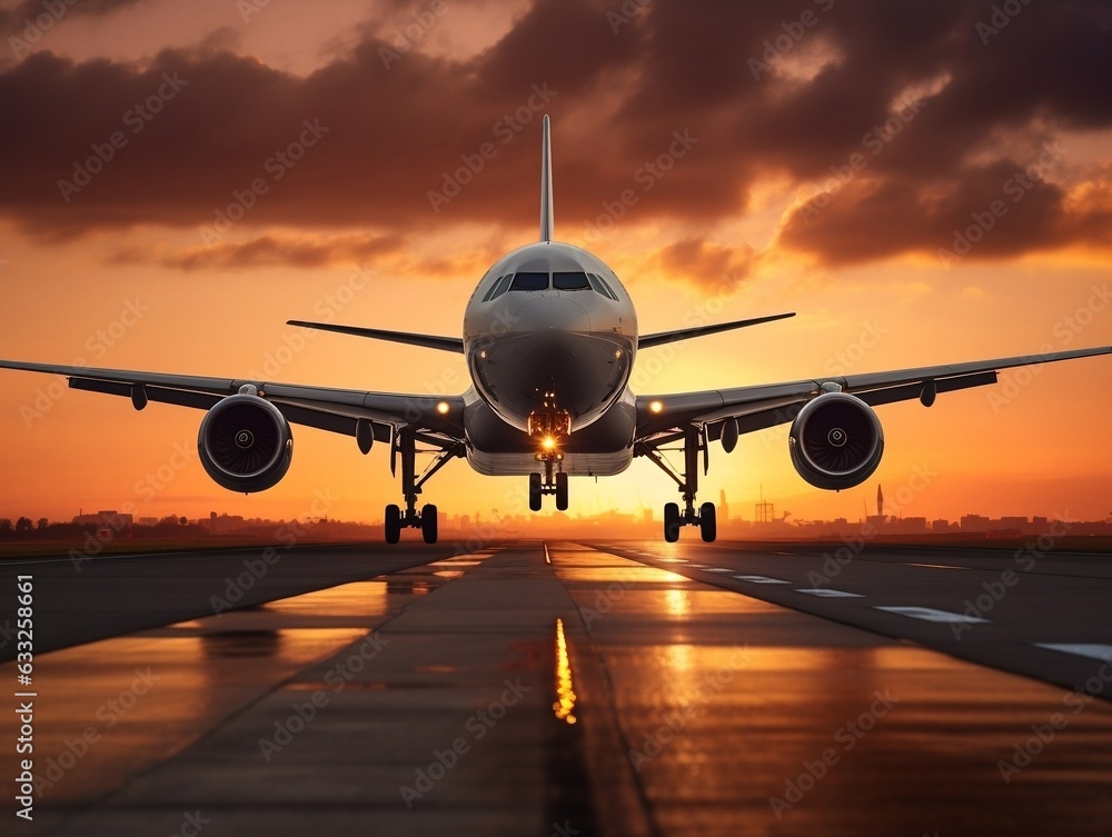 A large jetliner taking off or dawn from an airport runway at sunset generative ai