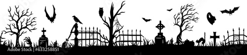 Fotografia Halloween seamless panorama with halloween silhouette of apocalypse, cemetery el