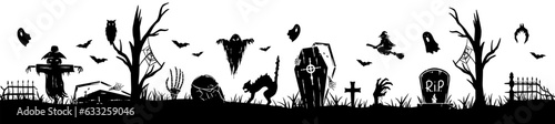 Halloween seamless panorama with halloween silhouette of apocalypse, cemetery elements for fear holiday background