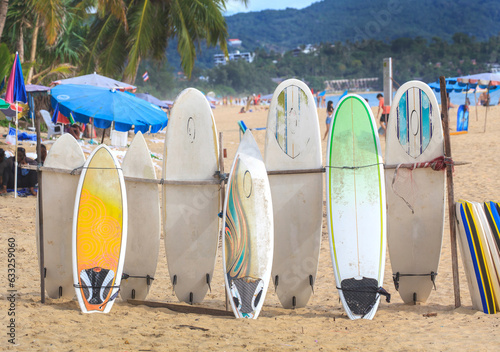 Surf boards standing on Patong beach,Phuket Thailand
