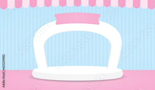 cute white arch and podium display with pink awning and sweet pastel wall and floor 3d illustration vector for putting product or object