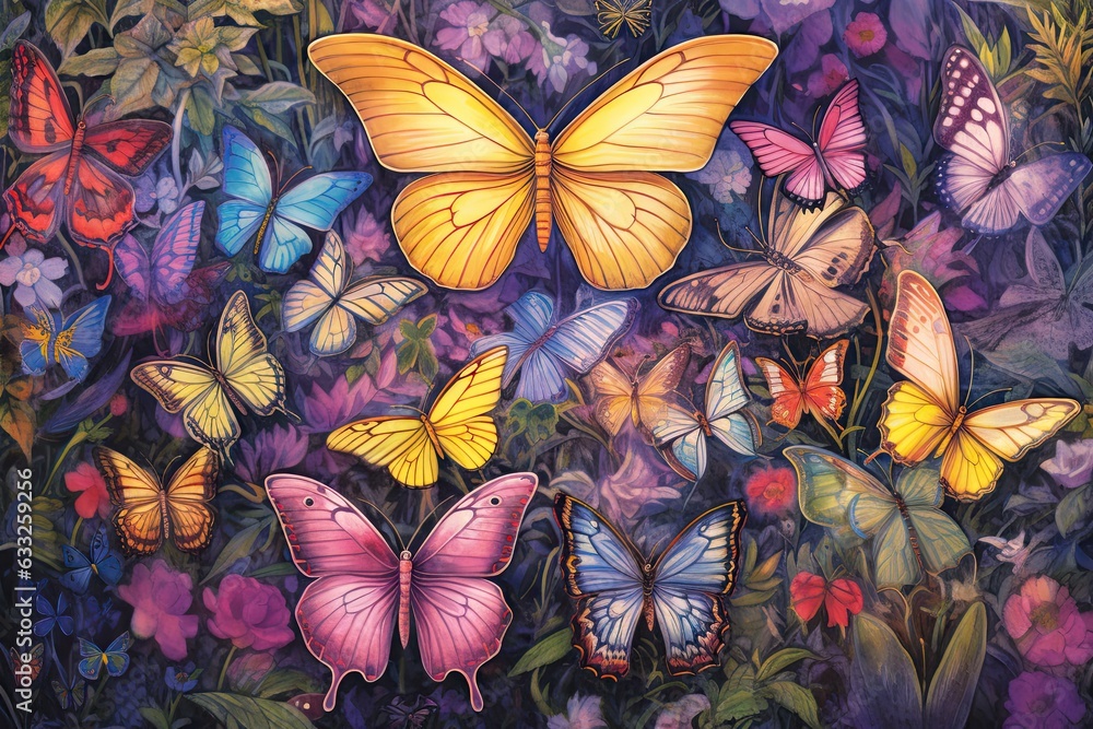 Ethereal Wings: A Kaleidoscope of Colors in a Lush Garden with Flitting Butterflies, generative AI