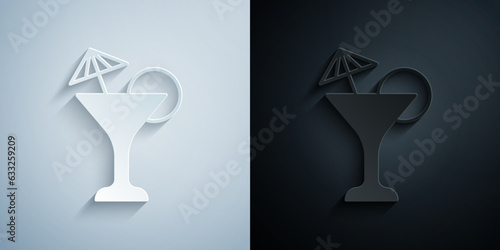Paper cut Martini glass icon isolated on grey and black background. Cocktail icon. Wine glass icon. Paper art style. Vector