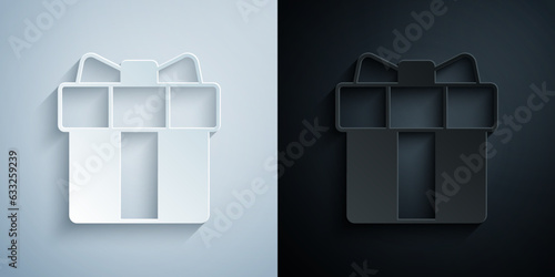 Paper cut Gift box icon isolated on grey and black background. 8 March. International Happy Women Day. Paper art style. Vector