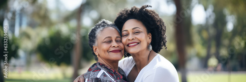 Smiling adult woman embracing her senior mother against the backdrop of a nature park
