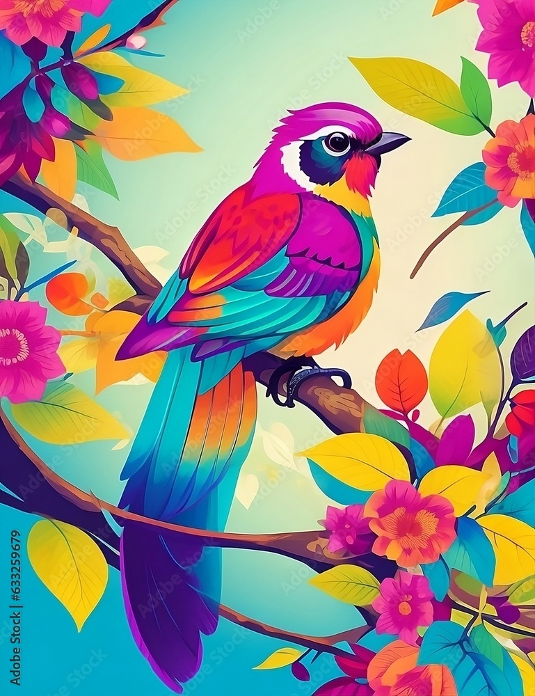 Fototapeta premium Illustration of a beautiful multicolored bird on a branch. painting style